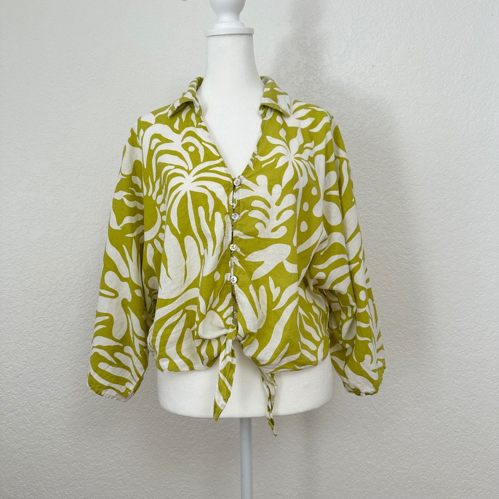 Christian Siriano Cropped Button Down Top Large Green Linen Blend Coastal Artsy